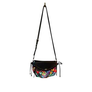 Juicy Couture Crossbody Bag Floral Tropical Print Black Leather Adjustable Strap